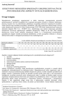 Efektywny menedżer sprzedaży ubezpieczeń na życie - psychologiczne aspekty sytuacji kierowania