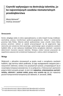 Czynniki wpływające na destrukcję talentów, jako najcenniejszych zasobów niematerialnych przedsiębiorstwa