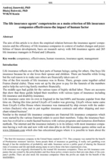 The life insurance agents’ competencies as a main criterion of life insurance companies effectiveness-the impact of human factor